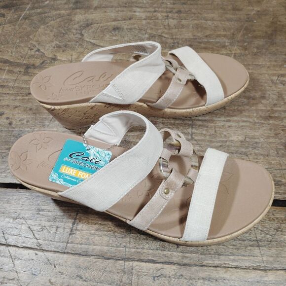 Skechers Sz 12 Sandals Cream Wedge Shoes Cali NWT Luxe Foam 32953 - Picture 6 of 10
